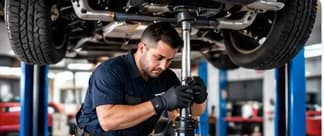 Mechanic working under a car on a lift