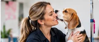 Dog groomer with a beagle nuzzling her face