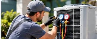 HVAC technician servicing an outdoor condenser unit