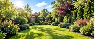 Manicured lawn and garden beds in a backyard