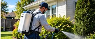 Pest control technician spraying shrubs outside a home