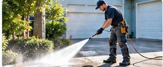 Worker pressure washing a driveway